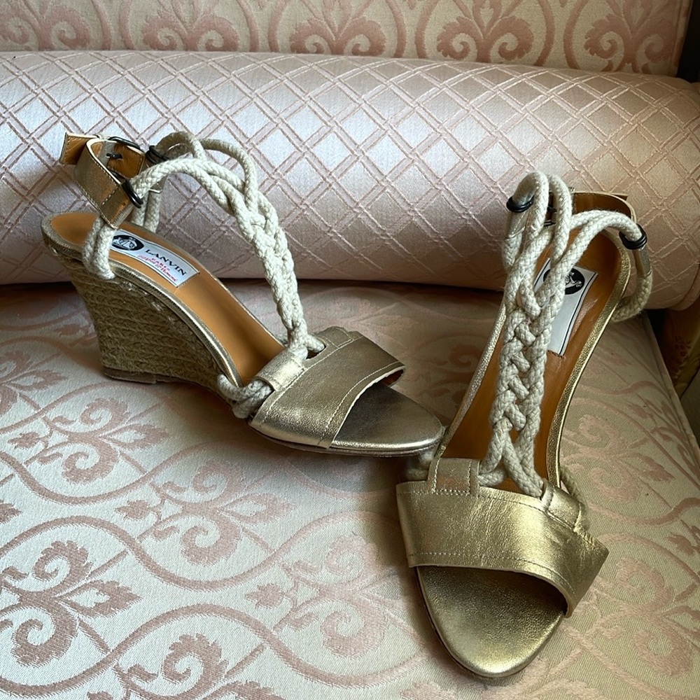 Lanvin gold leather braided rope wedge sandal.